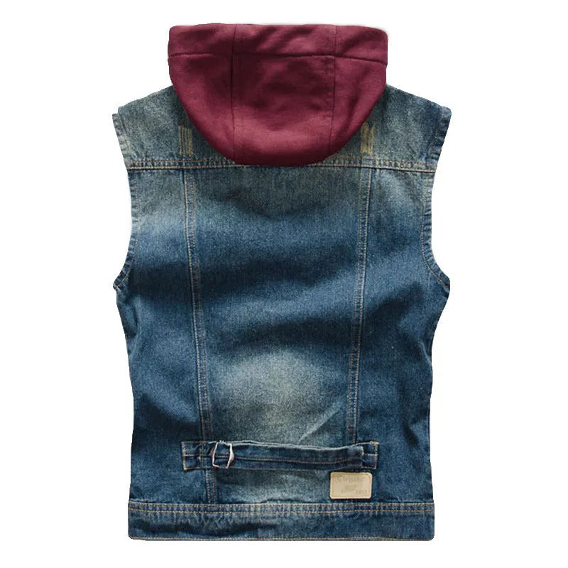 Men's detachable hooded denim vest / Male slim vintage dark blue Tank top Hoodies