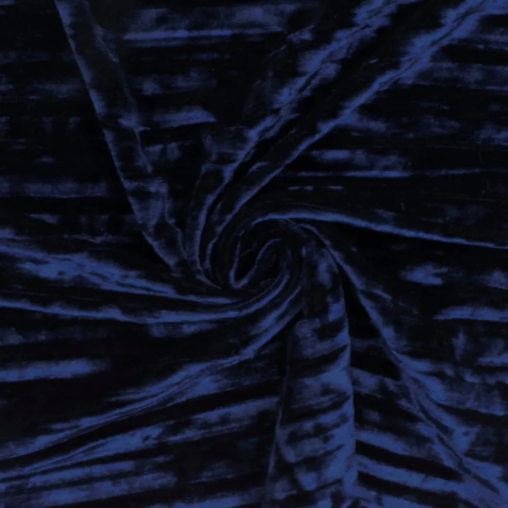 Midnight Blue Pleated Burnout Stretch Polyester Velvet Fabric