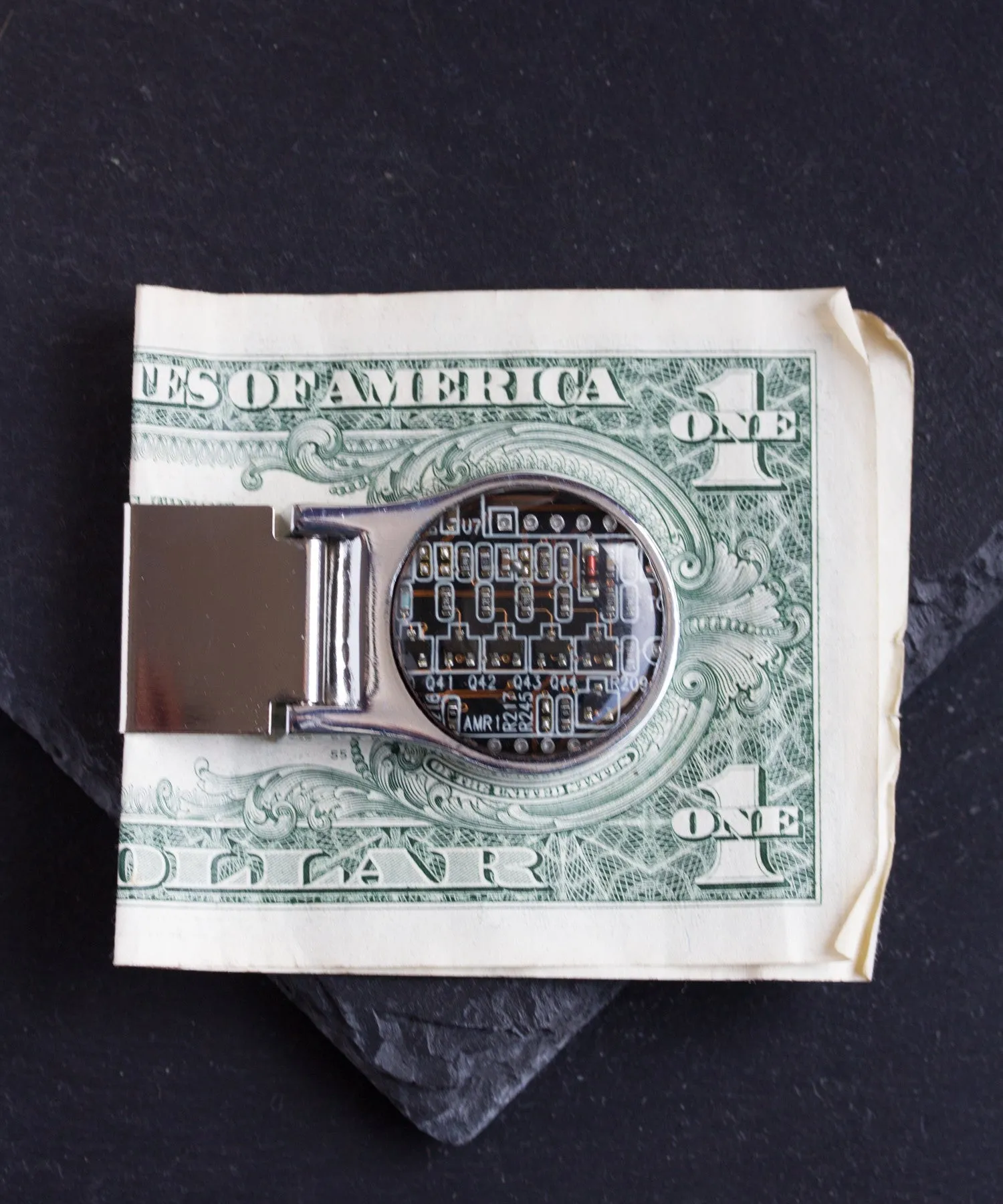 Money clip with circuit board piece