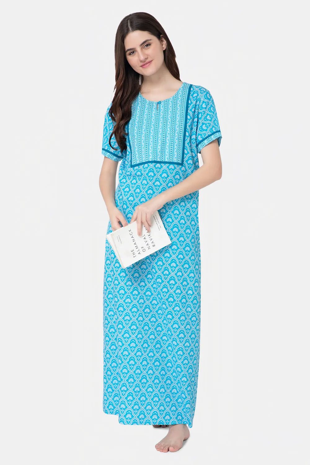 Naidu Hall Round Neck Half Sleeve Pull-On Nighty - Blue - NT20