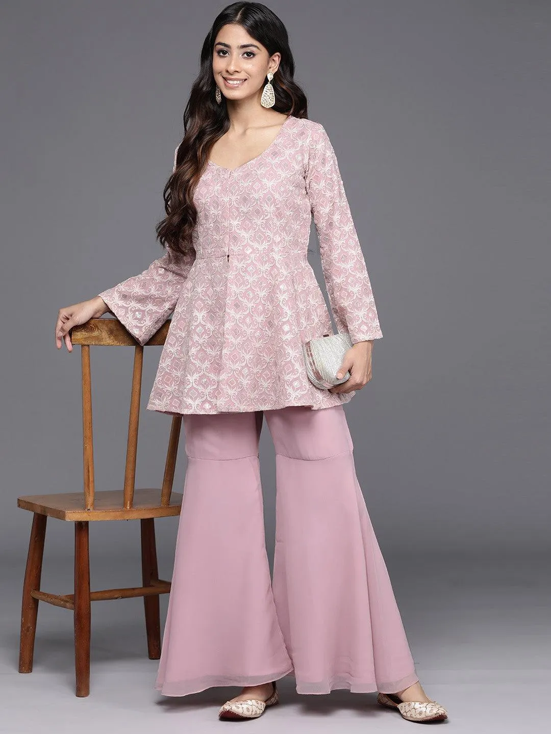 Pink Embellished Georgette Tunic With Sharara