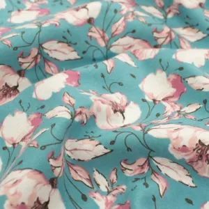 Pink Flower on Blue Printed Flannelette Design-15