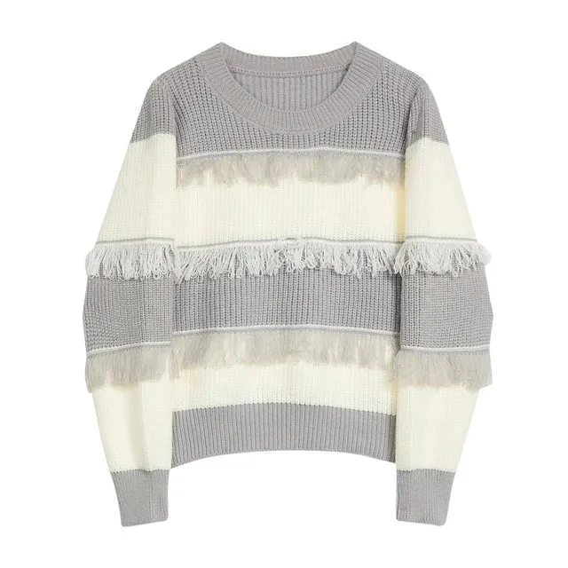 Pre Order:  Fringe Contrast Stripes Knit Sweater