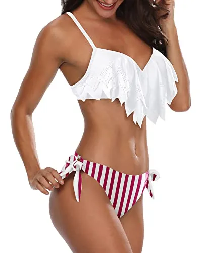 Pretty 2 Piece Ruffle Bikini Sets Push Up Underwire Swimsuits For Women-White Stripe