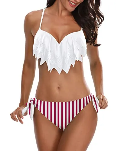 Pretty 2 Piece Ruffle Bikini Sets Push Up Underwire Swimsuits For Women-White Stripe