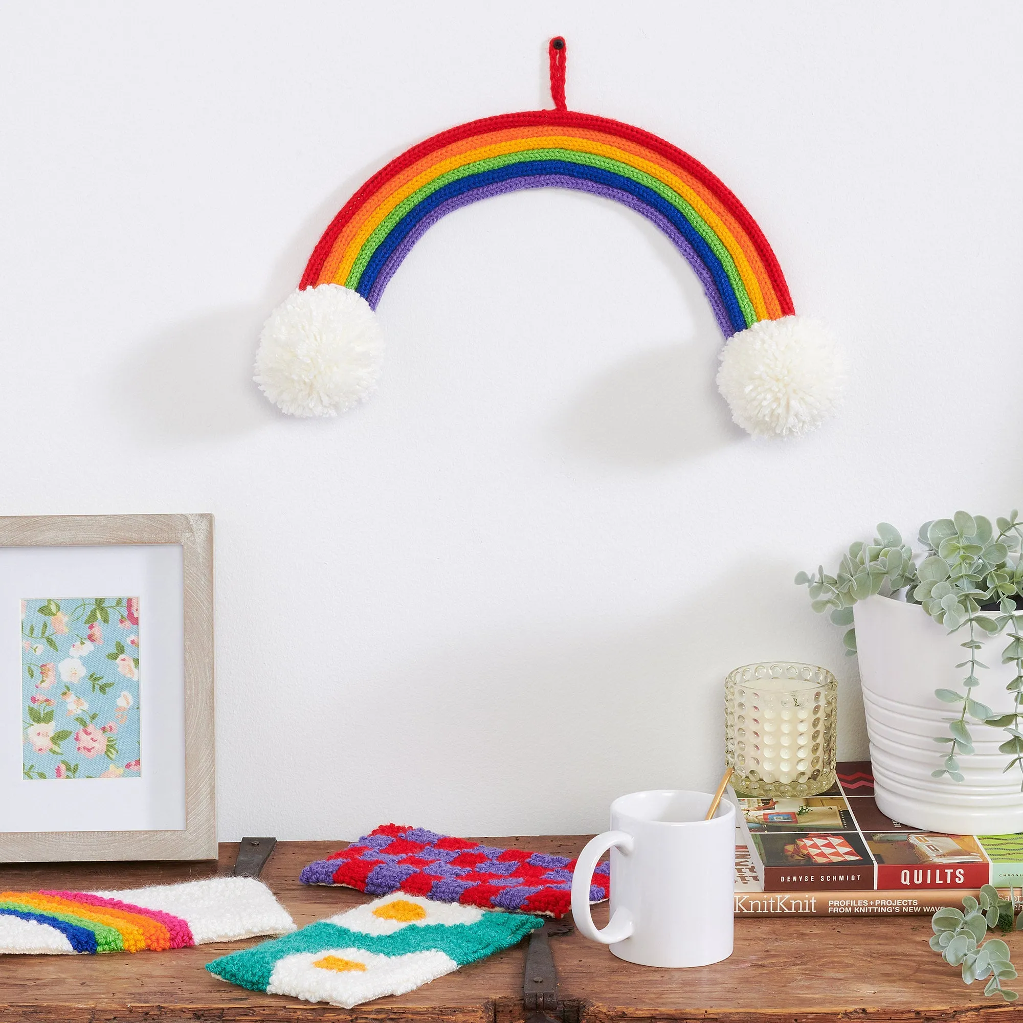 Red Heart Spool Knit Rainbow On the Clouds Wall Hanging