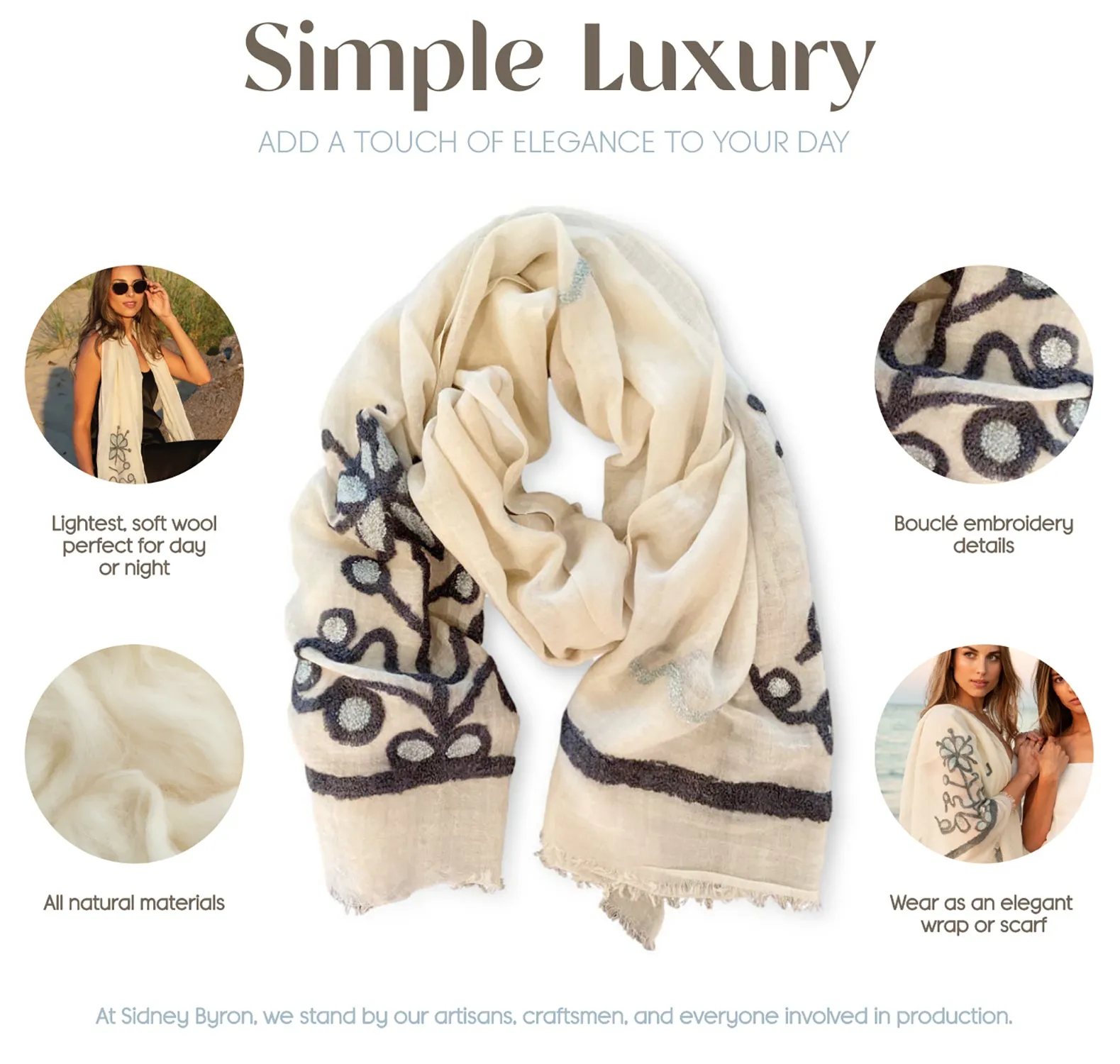 Sidney Byron - Boucle Flower Wool Scarf in Cream - Lightweight Scarf for Women - Summer Travel Scarf, Large Infinity Scarf, Long Cream Shawl, Summer Cream Scarf for Women, 77" x 30"