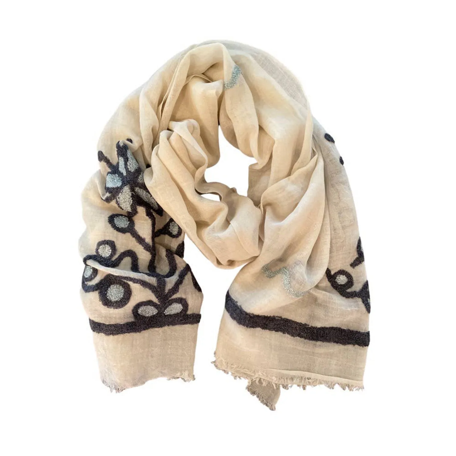 Sidney Byron - Boucle Flower Wool Scarf in Cream - Lightweight Scarf for Women - Summer Travel Scarf, Large Infinity Scarf, Long Cream Shawl, Summer Cream Scarf for Women, 77" x 30"