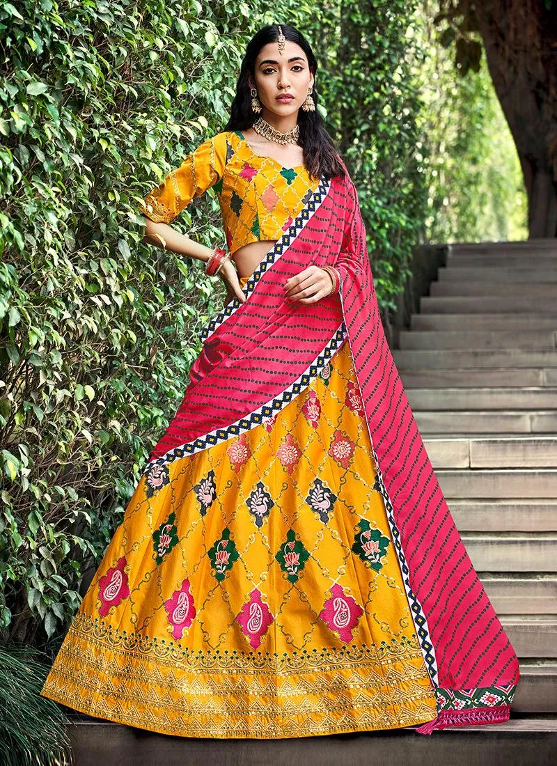 Silk Base Yellow Embroidered Lehenga