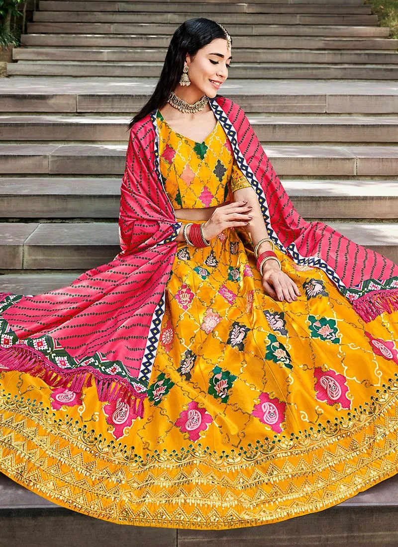 Silk Base Yellow Embroidered Lehenga