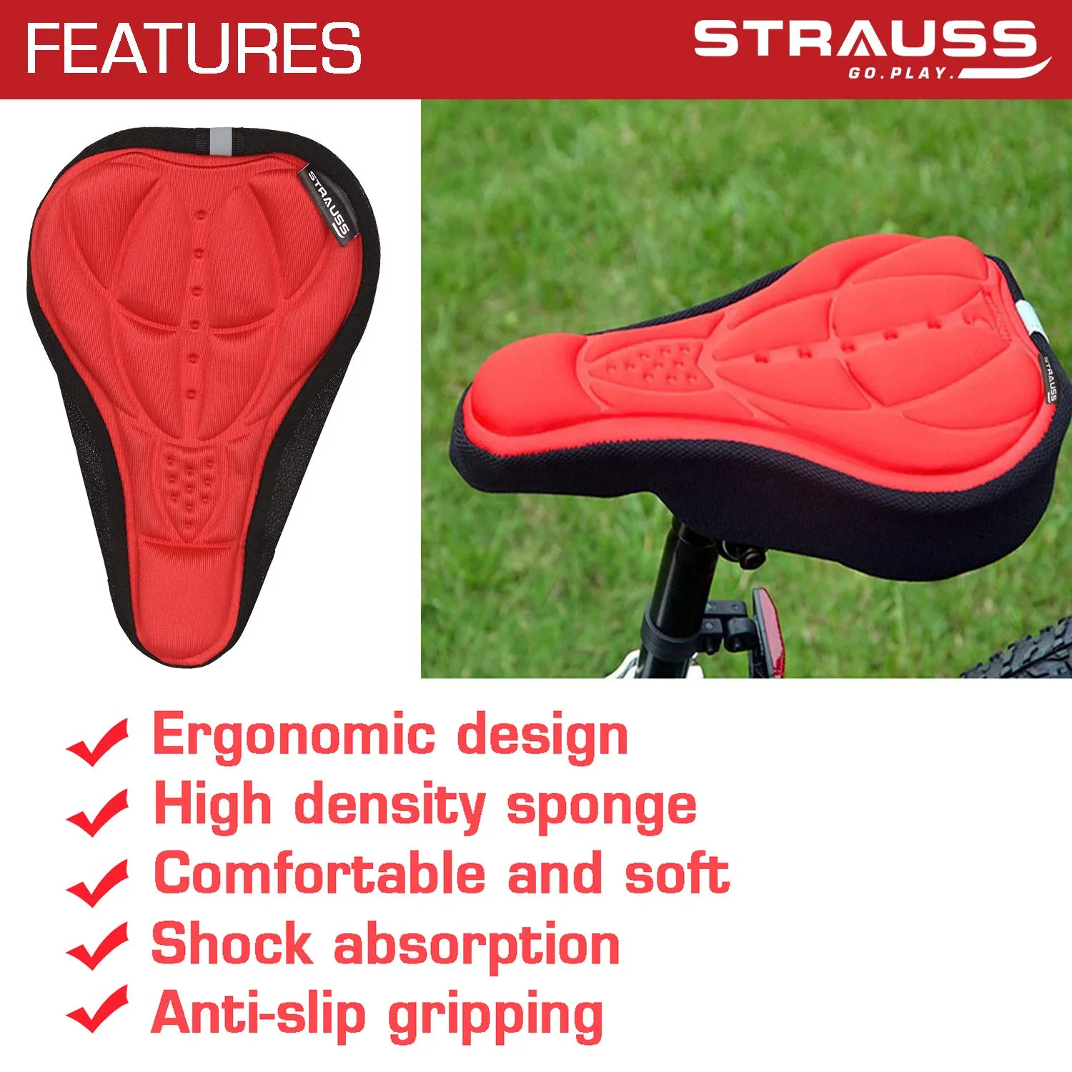 STRAUSS 3D Sponge Seat Cover, Red with Face Protection Mask, Non Vent, Medium, (Red)