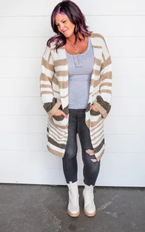 Striped Chunky Knit Full Body Cardigan with Bell Sleeves - Final Sale