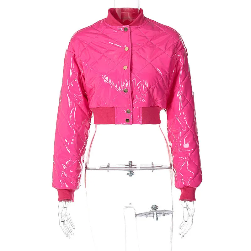 Stylish Winter Fashion Lightweight Cotton Pink Shinny Single Button Leather Jacket