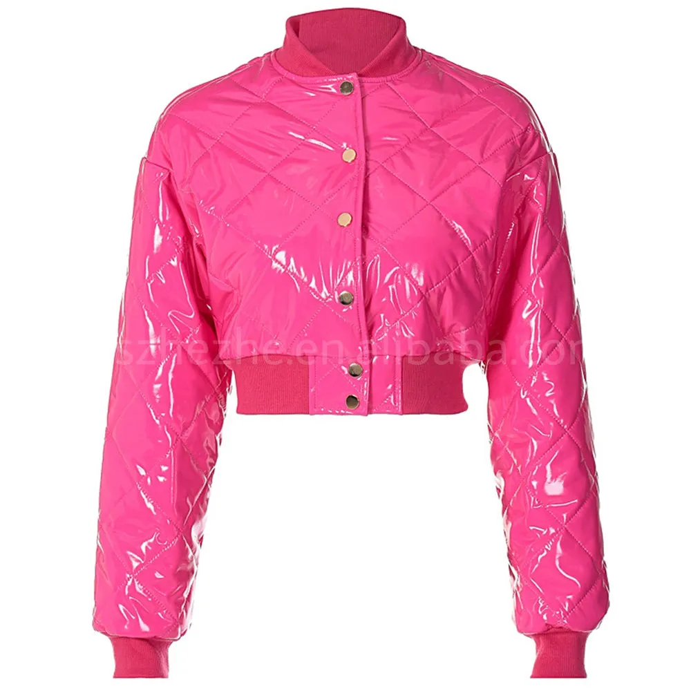 Stylish Winter Fashion Lightweight Cotton Pink Shinny Single Button Leather Jacket