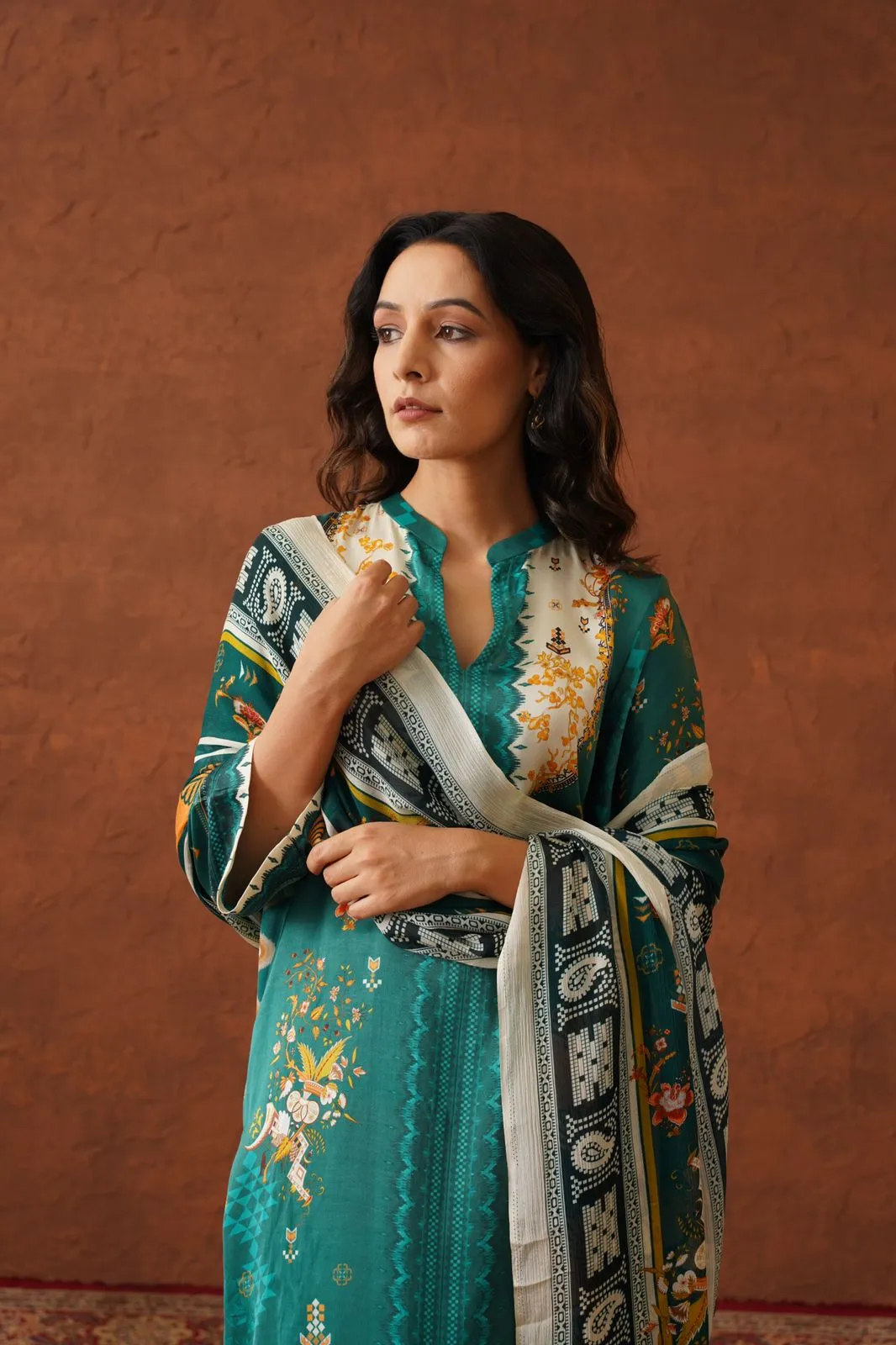 Teal Floral Print Suit with Contrast Dupatta