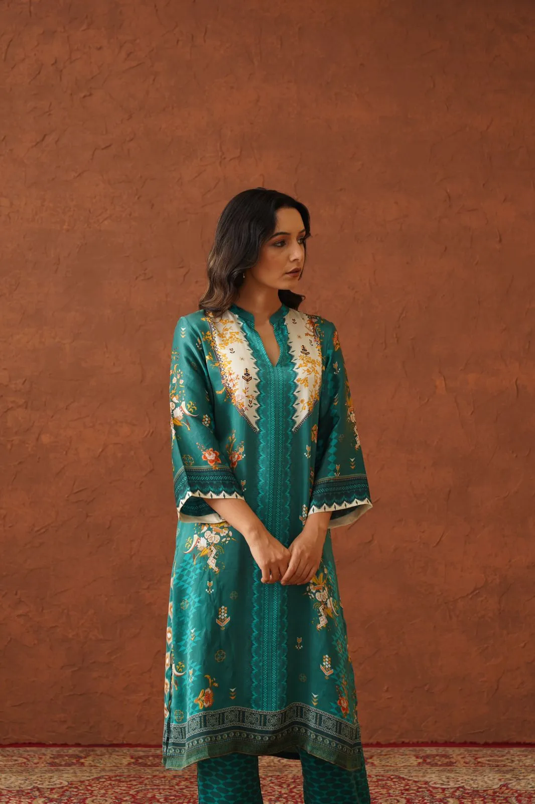 Teal Floral Print Suit with Contrast Dupatta