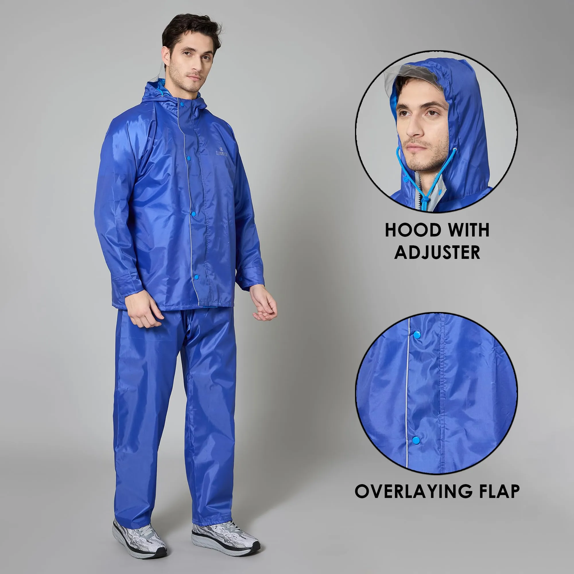 THE CLOWNFISH Rain Coat For Men Waterproof Raincoat With Pants Polyester Reversible Double Layer Standard Length Rain Coat For Men Bike Rain Suit Inner Mobile Pocket With Storage Bag(Royal Blue)Large