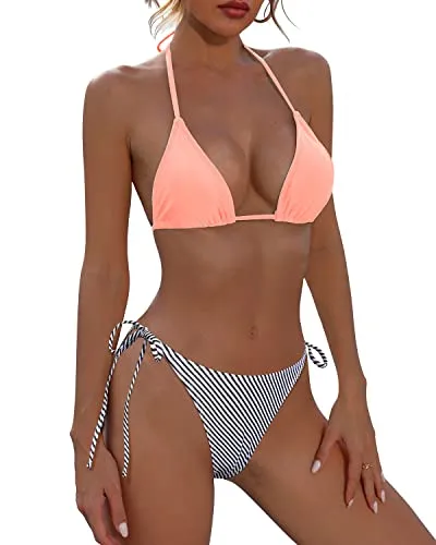 Triangle Halter Top Bikini Set Side Tie Bikini Bottom-Coral Pink Stripe