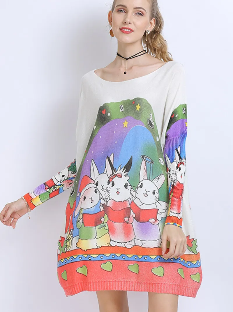 Women's Large Size midi length Sweater Neck Rabbit Print Knit Sweater Tops