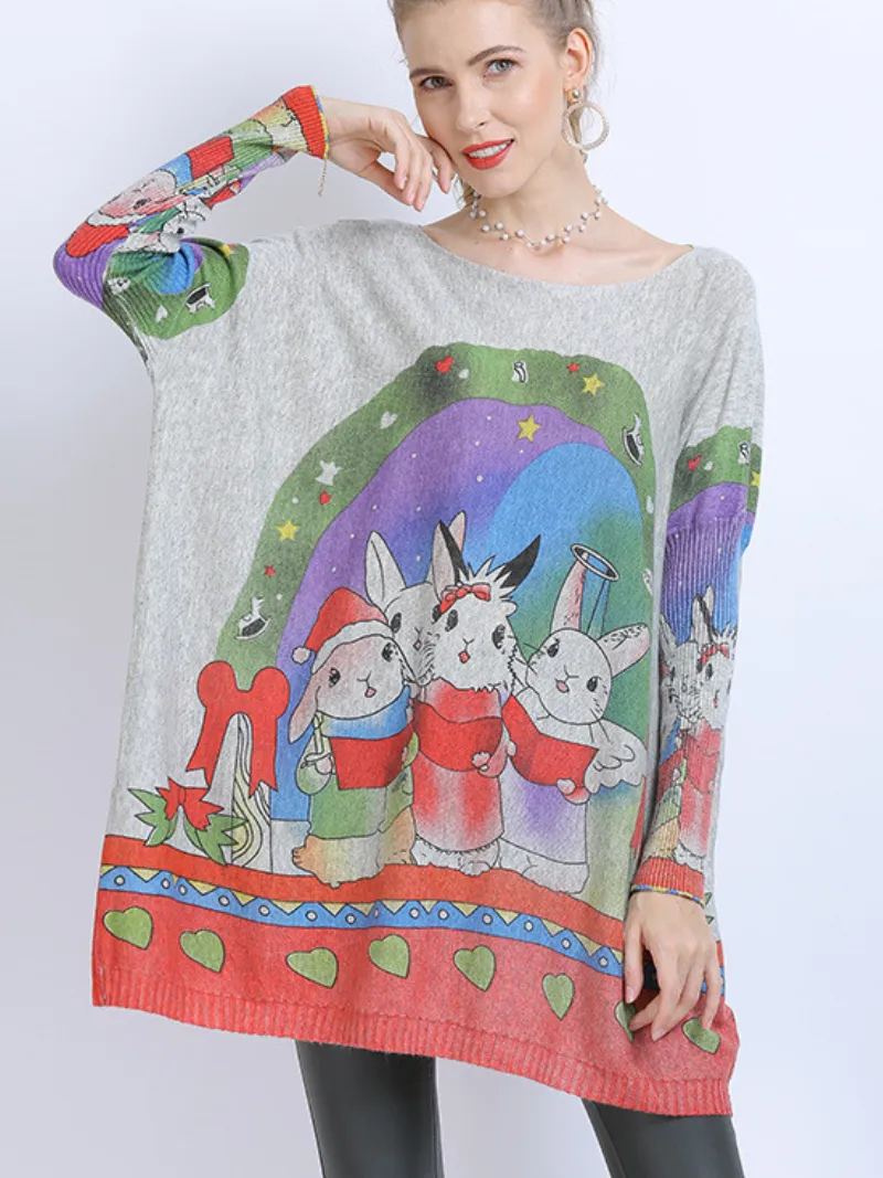 Women's Large Size midi length Sweater Neck Rabbit Print Knit Sweater Tops