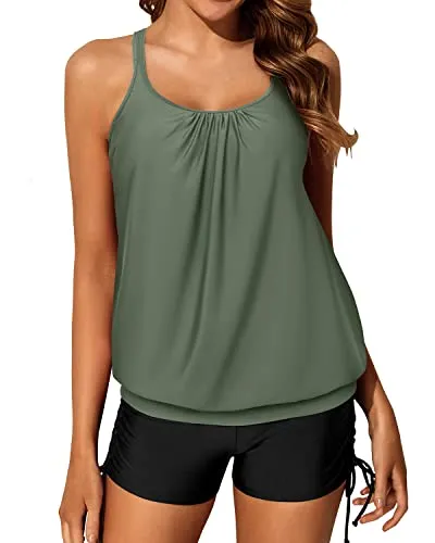 Women's Push Up Drawstring Adjustable Blouson Tankini Swimsuits-Olive Green