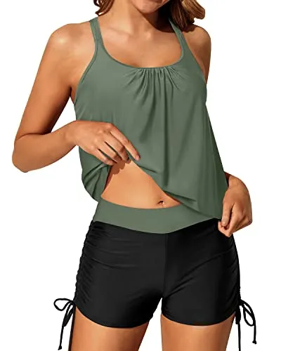 Women's Push Up Drawstring Adjustable Blouson Tankini Swimsuits-Olive Green